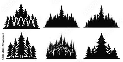 Set of halloween dark forest silhouettes black icon Vector illustration and isolated on white background.