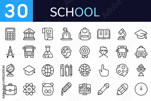 School related icons and number thirty displayed in a graphic design