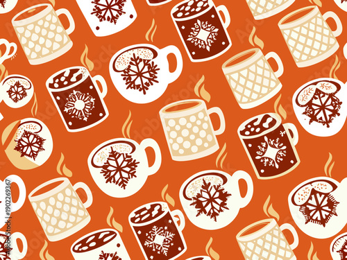 Seamless pattern of hot beverages and snowflakes on orange background