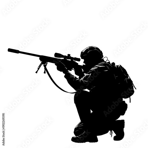 Silhouette of a Soldier Sniper Aiming Rifle in Action.