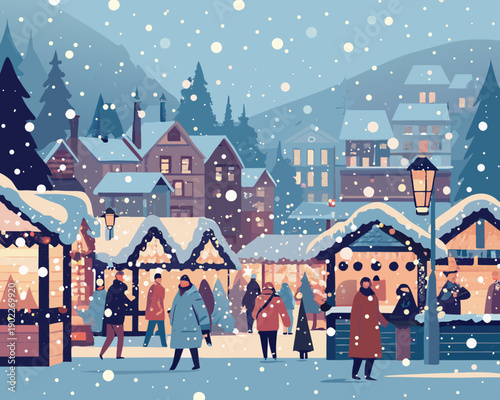 A cozy winter town scene with snow covered buildings and market stalls