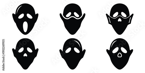 Set of halloween ghost face mask silhouettes black icon Vector illustration and isolated on white background.