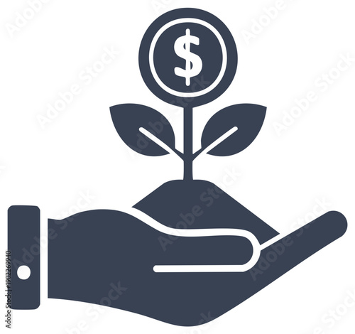 Hand cultivating a money plant with dollar coin for financial growth and investment concept