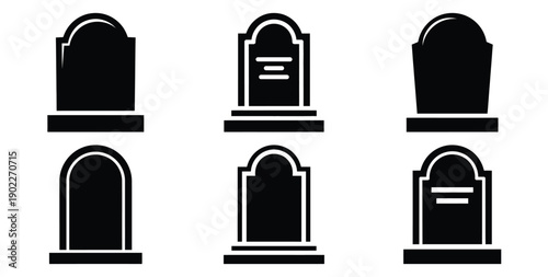 Set of halloween graveyard tombstone silhouettes black icon Vector illustration and isolated on white background.