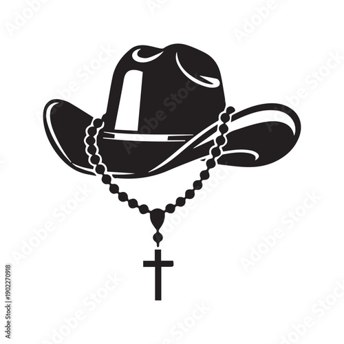 Cowboy Hat with Rosary Beads and Cross Silhouette. Western Christian Faith Vector Illustration.
