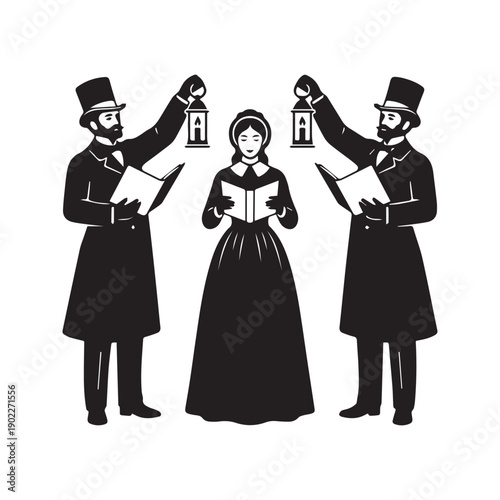 Victorian Christmas Carolers Silhouette Vector. Three People Singing Hymns Holding Lanterns and Books. Vintage Holiday Trio.
