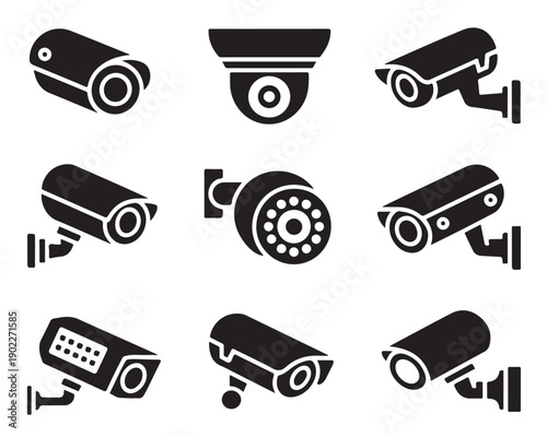 Collection of security camera icons in various angles on transparent background for surveillance protection monitoring and safety system equipment