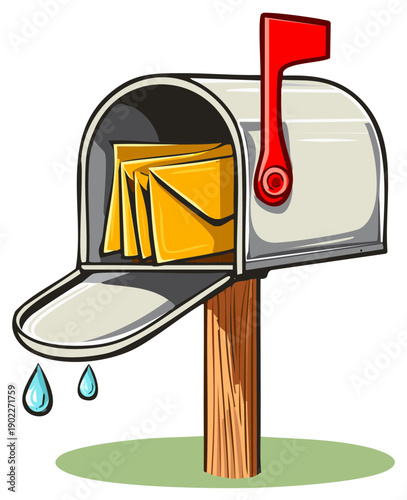 Metal mailbox full of letters with red flag and dripping water droplets