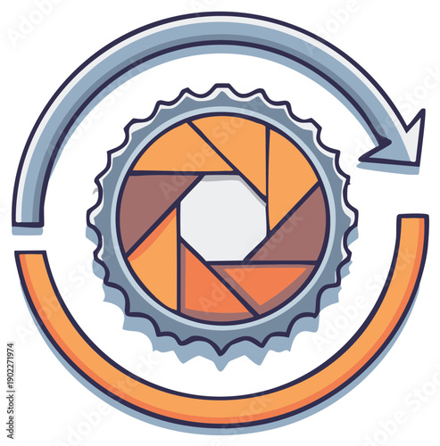 Circular arrows with camera aperture symbol illustration representing photography process and workflow
