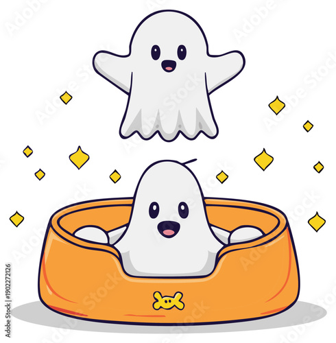 Two Cute Cartoon Ghosts Celebrating and Playing Together with Sparkling Stars