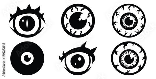 Set of halloween monster eyeball silhouettes black icon Vector illustration and isolated on white background.