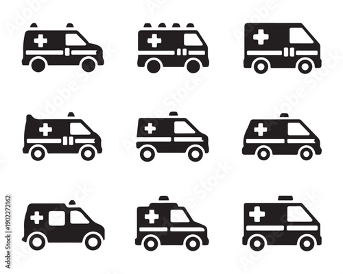 Set of black linear vector icons showing different models of ambulances, symbolizing emergency services and medical transport