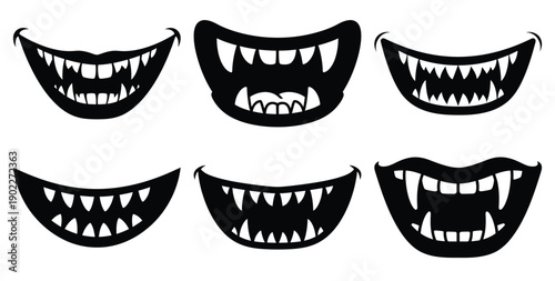 Set of halloween monster teeth grin silhouettes black icon Vector illustration and isolated on white background.