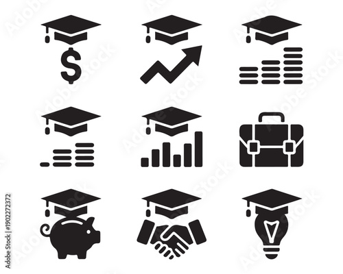 Set of black vector icons with graduation caps, money symbols, handshake, briefcase, and light bulb for education finance concepts