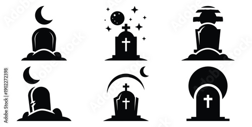 Set of halloween moonlit grave silhouettes black icon Vector illustration and isolated on white background.