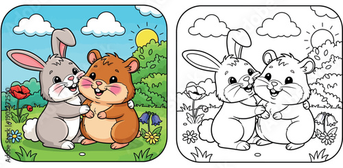 Cute cartoon illustration of a happy grey bunny and brown hamster hugging in a sunny green meadow with flowers, vector nature background for children.