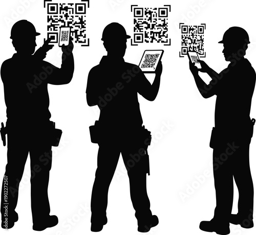 Construction workers scanning QR codes with mobile devices, digital inventory and inspection technology silhouette isolated on white