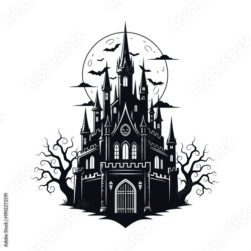Spooky Gothic Castle Silhouette with Bats and Moon - Halloween Illustration