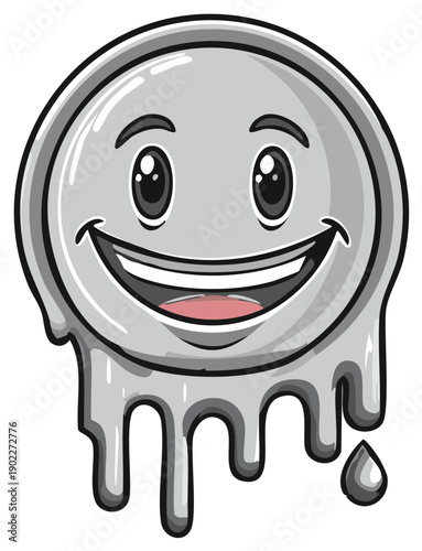 Smiling Metallic Face with Dripping Liquid Elements and Happy Expression