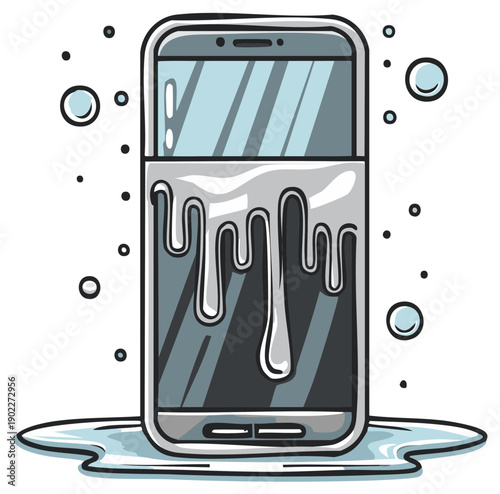 Cartoon illustration of a smartphone being cleaned with dripping soapy water and bubbles
