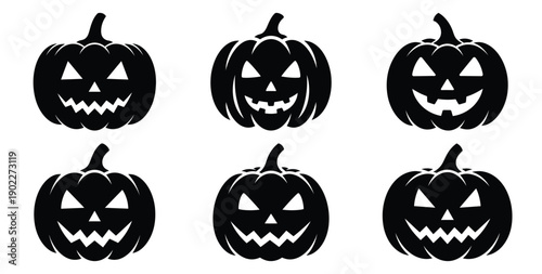 Set of halloween pumpkin lantern silhouettes black icon Vector illustration and isolated on white background.