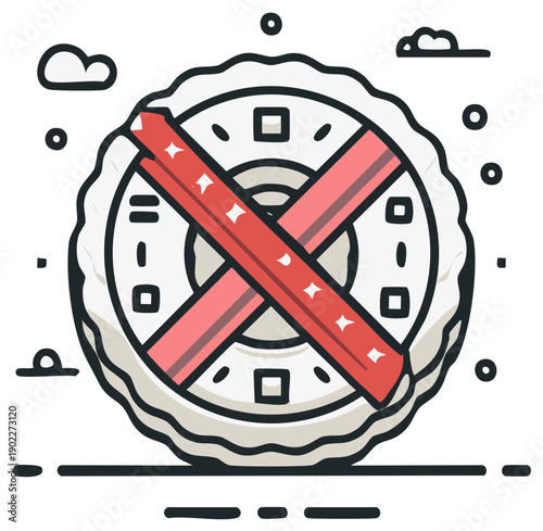Round sushi roll with red cross symbol indicating prohibition and restrictions