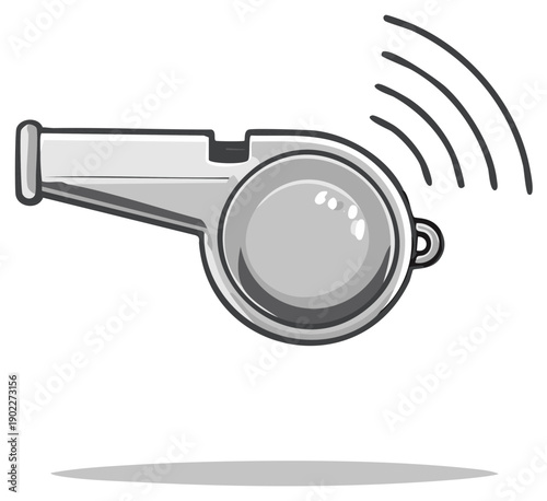 Loud metallic sports whistle blowing with sound waves and a shiny reflective surface