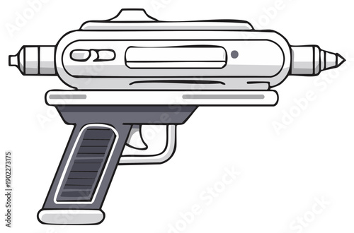 Cartoon ray gun illustration, retro futuristic blaster, science fiction weapon.