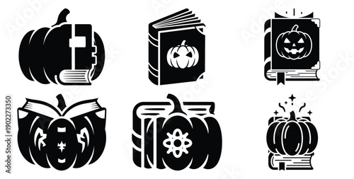 Set of halloween pumpkin spell book silhouettes black icon Vector illustration and isolated on white background.