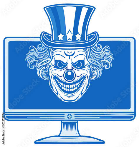 Scary Clown Face Appears on Computer Screen with Patriotic Top Hat