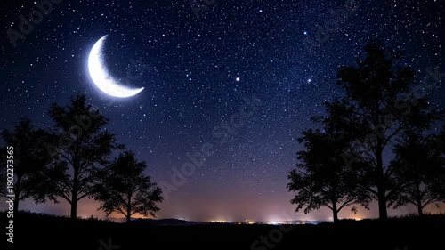 A crescent moon illuminates a starry night sky with silhouetted trees