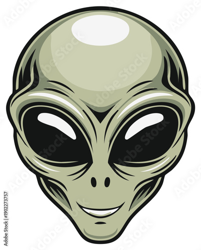 Cartoon illustration of a gray alien head with large black eyes and a slight smile