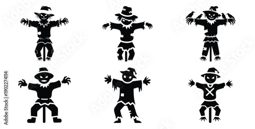 Set of halloween scarecrow spooky pose silhouettes black icon Vector illustration and isolated on white background.