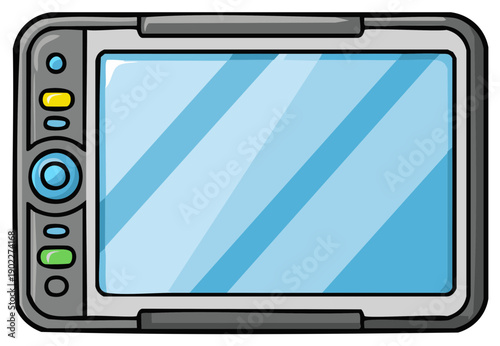 Cartoon illustration of a portable digital device with a large screen and buttons