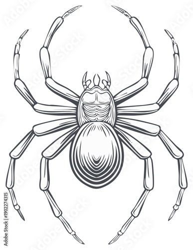 Detailed illustration of a spider with prominent legs and body, graphic artwork.