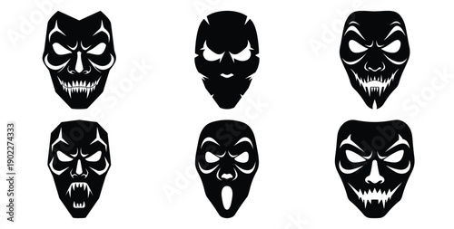 Set of halloween scary mask silhouettes black icon Vector illustration and isolated on white background.
