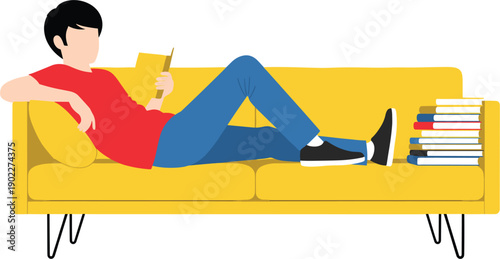 Modern flat design illustration of a young man reclining on a yellow sofa and reading a book.
