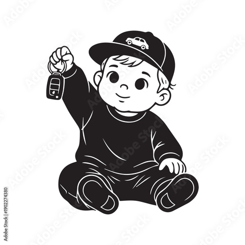 Cute Baby Boy Silhouette Wearing Cap Holding Car Key. Little Toddler Sitting with Auto Remote. Vector Logo Illustration.
