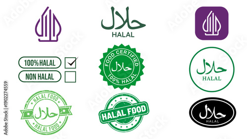 Halal Food Certification Logo and Stamp Set, Featuring Indonesian Halal Icon, Arabic Calligraphy, and 100% Guaranteed Quality Badges for Packaging Design