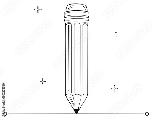 Giant Pencil with Eraser Drawing a Straight Line with Sparkles and Crosshairs Floating