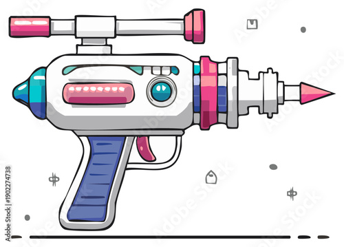 Retro futuristic ray gun weapon with vibrant pink blue and white accents and scope for science fiction adventures