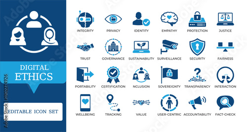 Digital Ethics and AI Responsibility Icons. Featuring data privacy, AI fairness, cybersecurity, and human-centric tech symbols. Editable vector set for corporate reports and apps