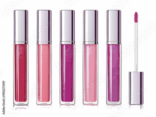 Collection of five glossy lip gloss tubes in shades of pink and purple with one applicator wand extended presented in a clean high key studio setting with subtle reflections