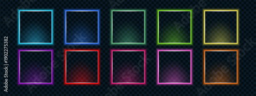 Neon call action square frame set in multicolor glowing tones including blue, green, yellow, red, pink and orange. Futuristic luminous elements for UI design.