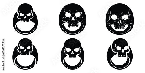 Set of halloween skull ring silhouettes black icon Vector illustration and isolated on white background.