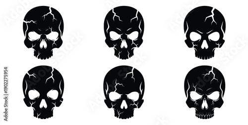 Set of halloween skull with cracks silhouettes black icon Vector illustration and isolated on white background.