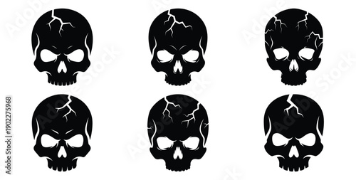 Set of halloween skull with cracks top silhouettes black icon Vector illustration and isolated on white background.