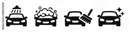 Vector icon set illustrating the car wash process: rinsing, soaping, scrubbing, and polishing. Minimalist flat design for auto cleaning services.