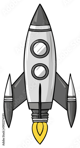 Cartoon rocket ship with flame launching into the sky, retro style illustration