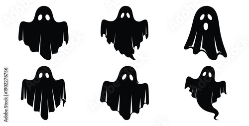 Set of halloween spooky ghost floating silhouettes black icon Vector illustration and isolated on white background.